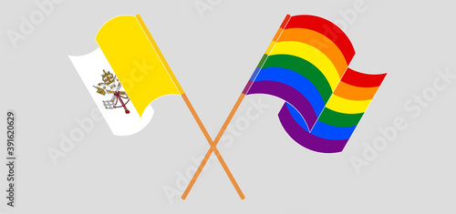Crossed and waving flags of Vatican and LGBTQ