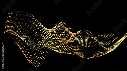 An abstract stream of golden radiance flying in outer space through galaxies and orbits. Star clusters networks.