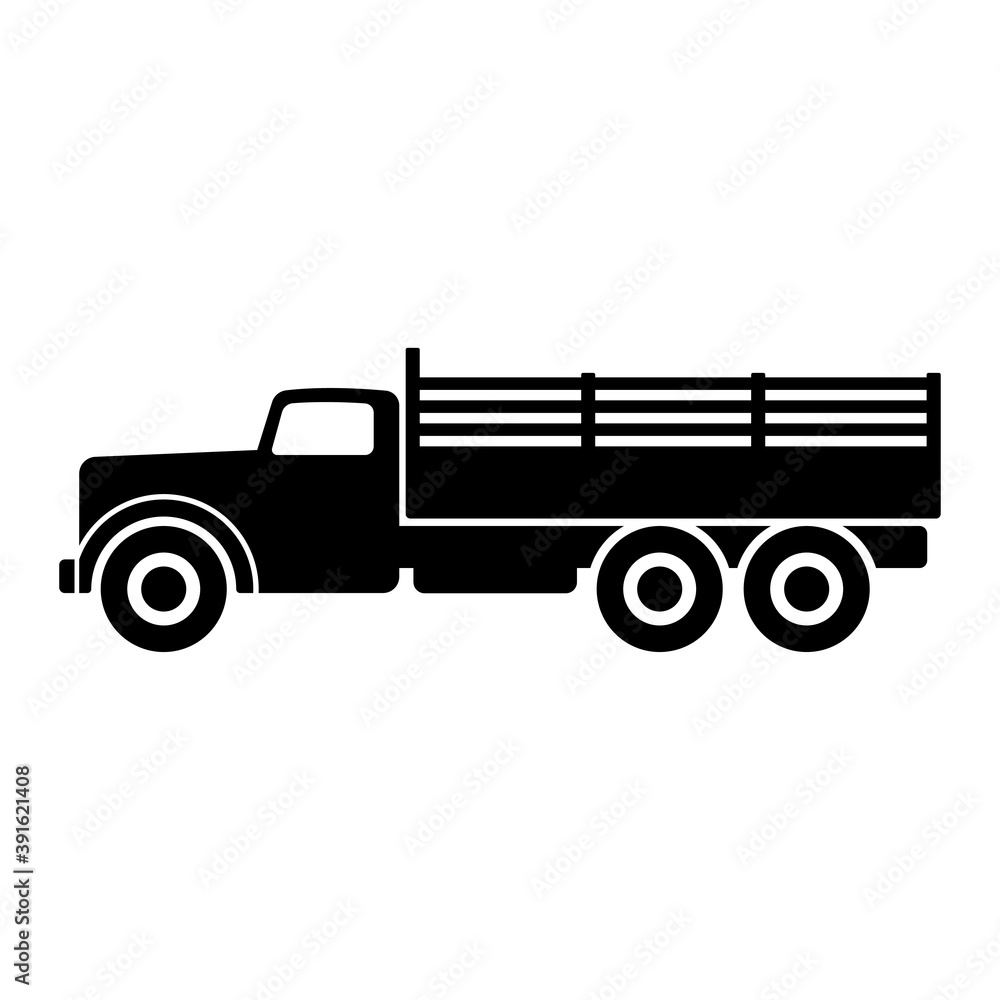 Truck icon. Black silhouette. Side view. Vector flat graphic illustration. The isolated object on a white background. Isolate. Truck icon. Black silhouette. Side view. Vector flat graphic illustration. The isolated object on a white background. Isolate.