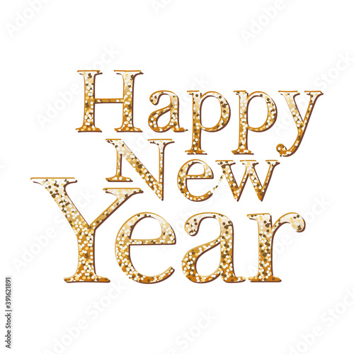 happy new year in shiny gold lettering in white background