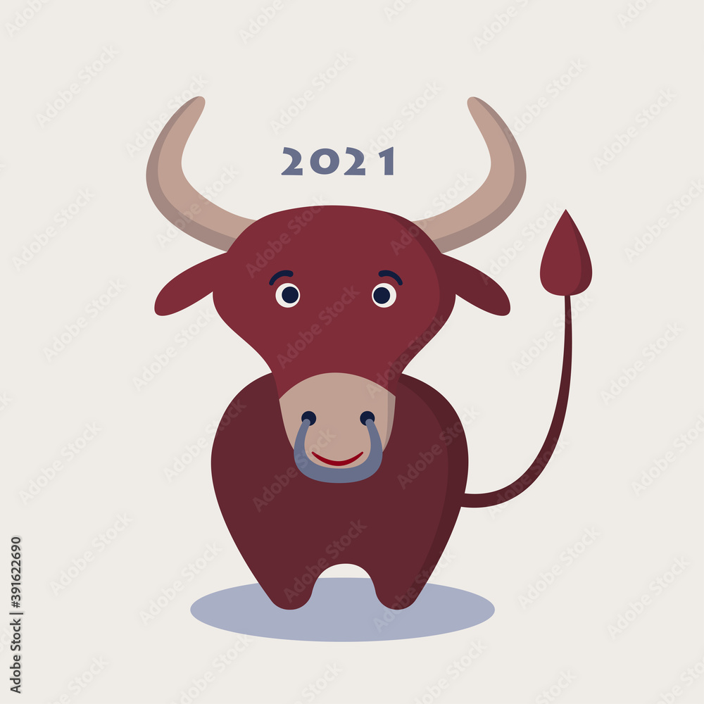 Funny bull character. Symbol of 2021. New Year and Christmas design. New Year's card, poster. Funny bull character. Symbol of 2021. New Year and Christmas design. New Year's card, poster.