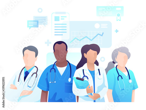 Team of doctors and nurses man and woman with stethoscopes on the background of medical icons and elements. Modern flat illustration