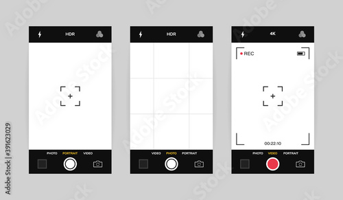 Phone camera interface vertical view. Mobile app application. Photo and video shooting. Vector illustration graphic design
