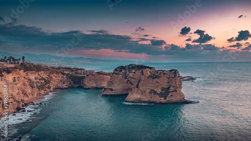 Lebanon, Beirut- Sunset over the Raouche Rocks
