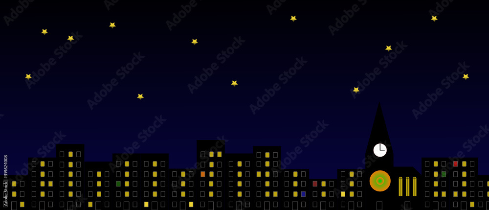 Fototapeta premium Stadtsilhouette bei Nacht mit Sternenhimmel