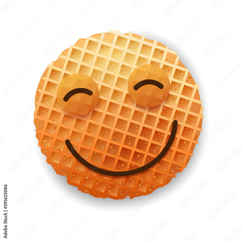 Happy smile from Belgium round waffle, gold colors, isolated on white background. Vector illustration. Cartoon icon, emoji, emotion. Happy smile from Belgium round waffle, gold colors, isolated on white background. Vector illustration. Cartoon icon, emoji, emotion.