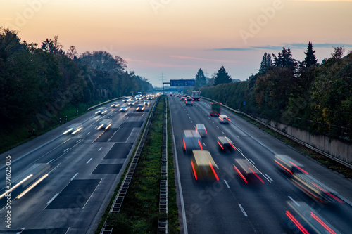 Highway A555 at sunset, view from a bridge, location close before exit Wesseling