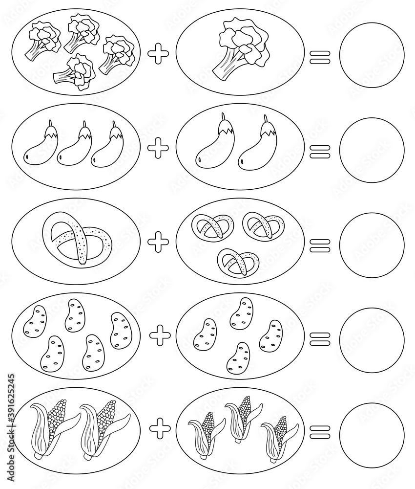 Educational game for kids. Coloring page. Solve math examples for addition. Fold food