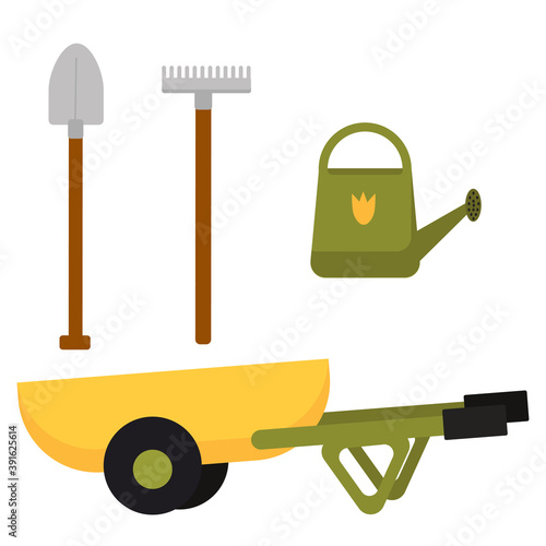 Various gardening equipment and tools. Wheelbarrow, watering can, shovel and rake. The concept of gardening. Vector illustration
