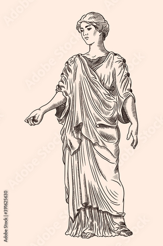 An ancient Greek young woman in a tunic and cape stands looks away and gestures. Antique engraving.