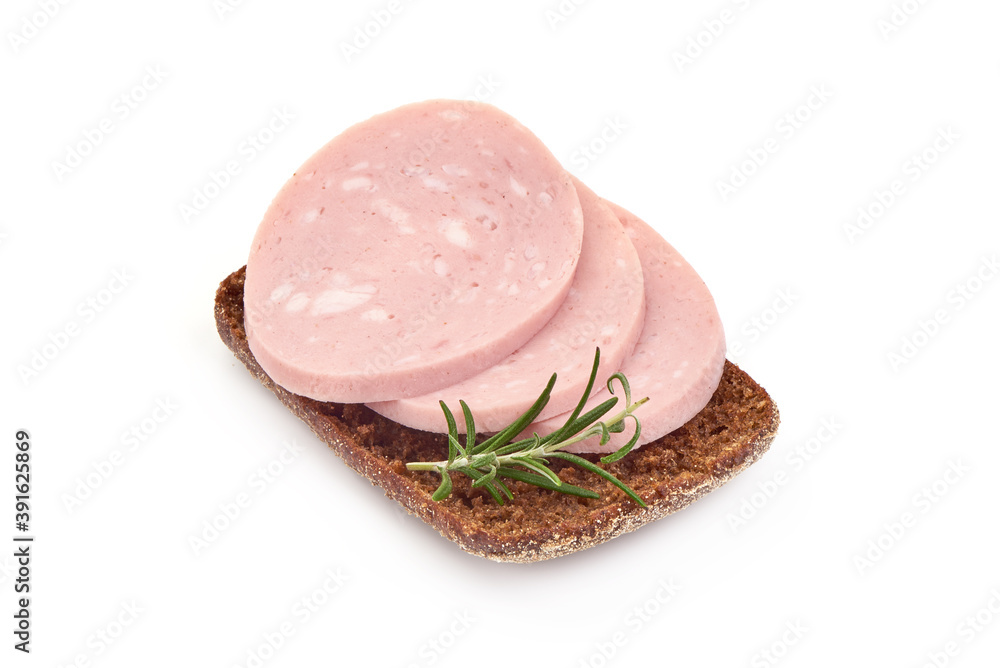 Boiled Bologna Sausage sandwich, isolated on white background