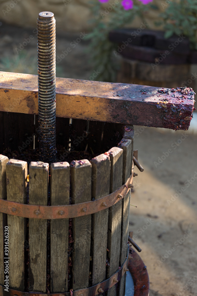 Winepress with red must and helical screw. Production of traditional Italian wines, crushing of grapes. Winepress with red must and helical screw. Production of traditional Italian wines, crushing of grapes.