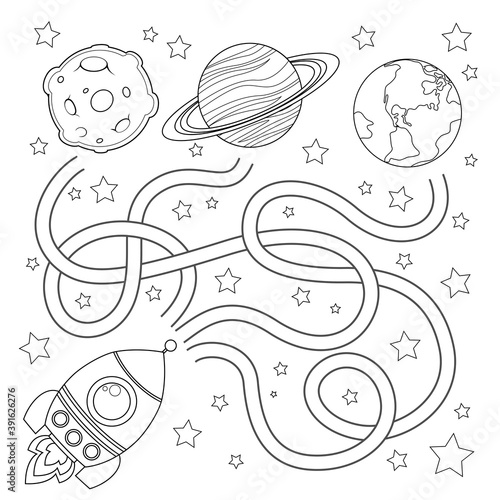 Help rocket find path to Earth. Labyrinth. Maze game for kids. Black and white illustration for coloring book