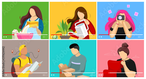 Bloggers making food and beauty lifestyle content on video player. Social media unpacking and travel influencer vloggers channel set. Online education and fashion streaming tutorials and review vector