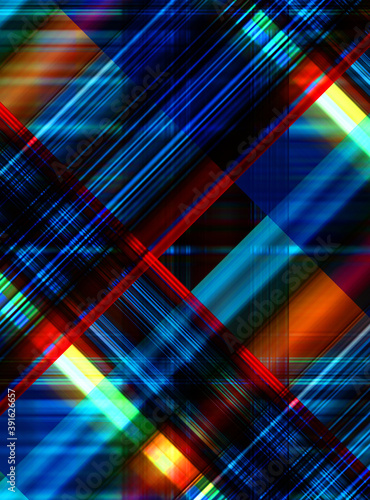 Layers of colorful and vibrant geometrical shapes. Digital illustration of a tech layout. Futuristic design template.