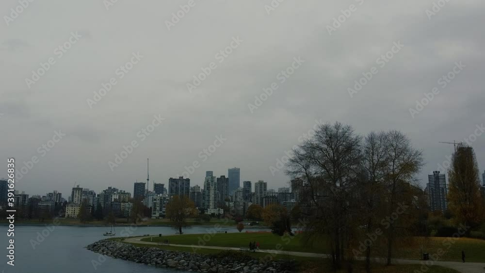 Running track in Vancouver near water with downtown behind