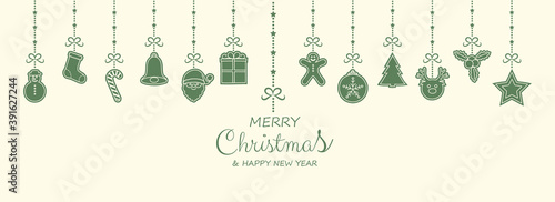 Concept of Christmas card with hanging ornaments. Vector.