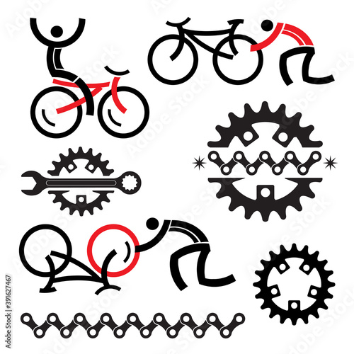 Cycling repair service, icons.
Set of cycling icons and bicycle parts. Vector availabl