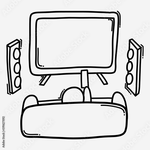 home theatre doodle vector icon. Drawing sketch illustration hand drawn line eps10