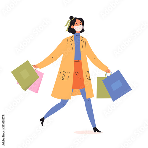 Young attractive fashionable woman holding packages with clothes after shopping. Shopping concept. Happy woman with bags in protective mask. Modern vector illustration in flat style.