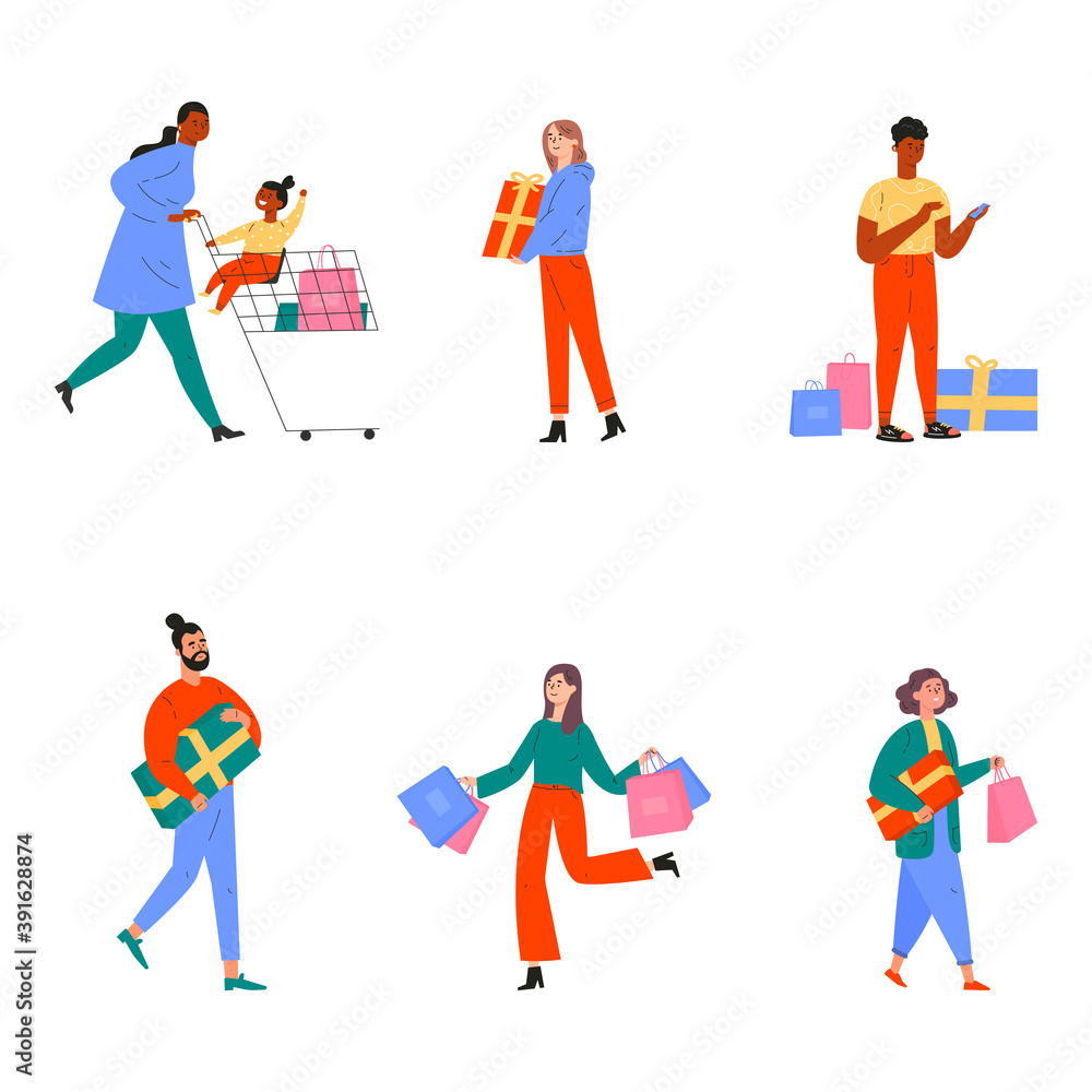 Collection of happy people with presents and gifts. Set of different man, woman and child with trolley, shopping bag and boxes.Young people taking part in seasonal sale at mall and choose gifts. 
