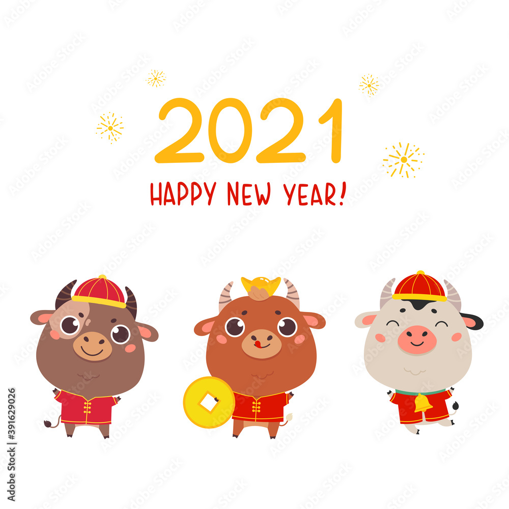 Obraz premium Christmas design template with oxen in traditional costume.Cute bulls with gold money.New year design of poster, card, headers website and sale concept.Vector cartoon illustration on white background.
