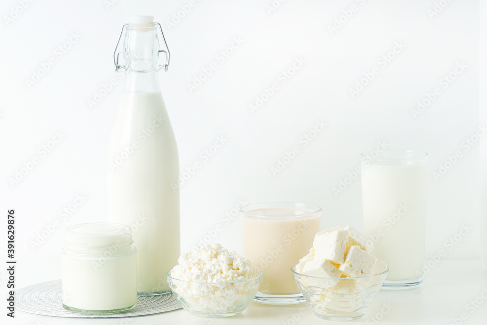 Different milk products: milk, cheese and yoghurt Different milk products: milk, cheese and yoghurt