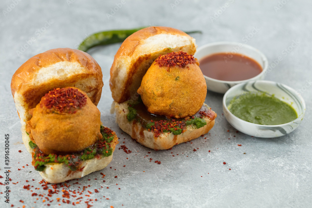 Authentic Indian Vegetarian food Amul Butter Waada Pav Stock Photo