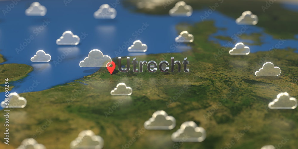 Cloudy weather icons near Utrecht city on the map, weather forecast related 3D rendering Cloudy weather icons near Utrecht city on the map, weather forecast related 3D rendering
