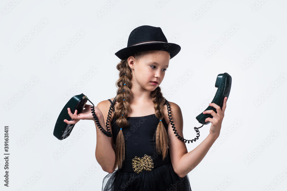 stylish kid speak on retro phone isolated on white, technology stylish kid speak on retro phone isolated on white, technology