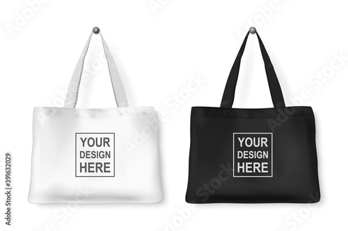 Vector 3d Realistic White, Black Detailed Textile Tote Shopping Bag Set Hanging on White Wall Background, Isolated. Design template for Mockups, Logo Design, Packaging. Ecology Concept. Front View