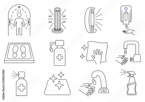 Disinfection line icons. Cleaning and sanitizer surface, spray bottle, wash hand gel, UV lamp, sanitizing mat, Touchless faucet and dispenser, disinfection tunnel. Editable stroke. Vector