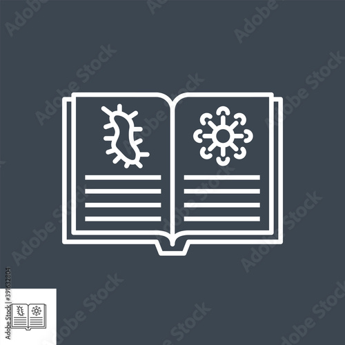 Knowledge of virology related vector thin line icon. Open book with virus information. Isolated on black background. Editable stroke. Vector illustration.