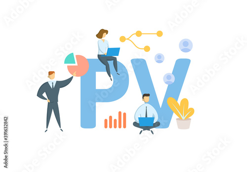 PV, Present Value. Concept with keywords, people and icons. Flat vector illustration. Isolated on white background.