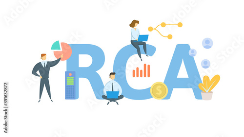 RCA, Root Cause Analysis. Concept with keywords, people and icons. Flat vector illustration. Isolated on white background.