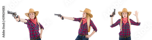 Cowgirl woman with gun isolated on white © Elnur