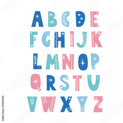 Alphabet in scandinavian style with christmas elements, snowflake, star, line. Christmas holiday font. Color letter.