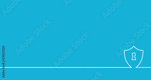 continuous line drawing of protective shield, security background, protection concept. Stock vector illustration isolated on blue background.