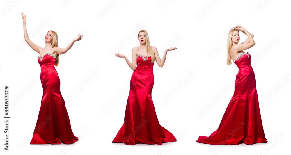 Woman in pretty red evening dress isolated on white