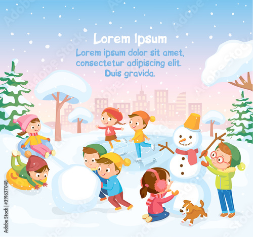 Vector winter scene with kids children making building snowman, skating on frozen pond lake and sliding down hill on tubes in snowy park, forest during snowfall with city landscape on background.