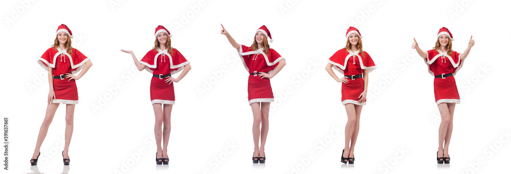 Young woman in red santa costume on white Young woman in red santa costume on white