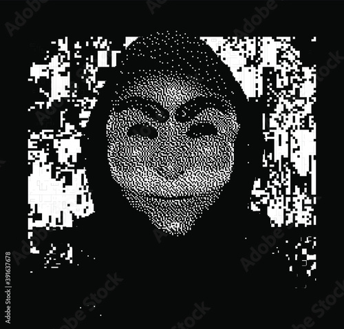 Computer hacker in hoodie and mask. Human head with pixelated face. Data thief, internet fraud, anonymous vector concept.