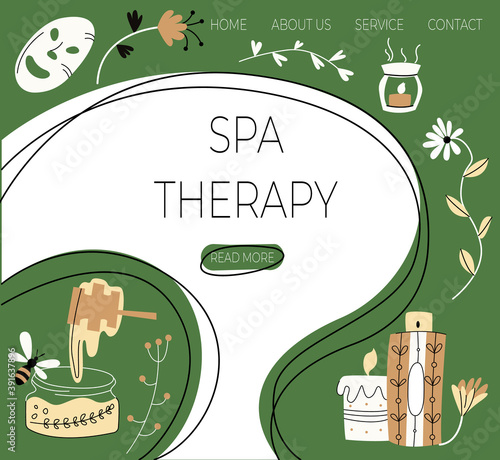 Vector illustration with layout landing page, home page on topic Spa therapy. Elements for taking care body are shown against background of button templates, labels.