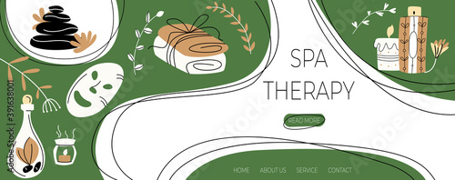 Vector illustration with layout landing page, home page on topic Spa therapy. Elements for taking care body are shown against background of button templates, labels.