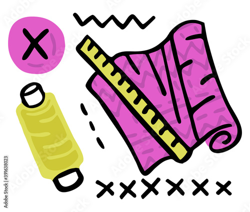 Vector illustration on sewing, tailoring, clothing repair, Atelier. An abstract skein of thread, roll fabric, ruler, button, stitch. Can be used as separate elements in composition.