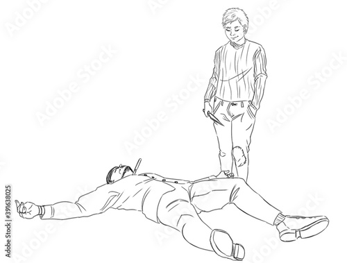 Black and white digital illustration of an adolescent boy that killed an adult man with a knife