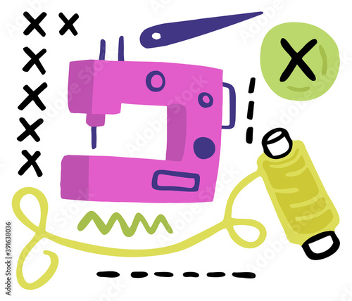 Vector illustration sewing, tailoring, clothing repair, Atelier. Abstract skein of thread, sewing machine, needle, button, stitch. It can be used as separate elements in composition.