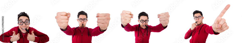 Funny sportsman with whistle isolated on white Funny sportsman with whistle isolated on white