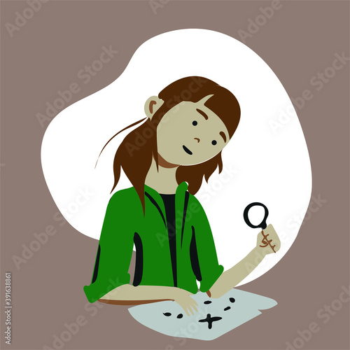 Female explorer or historian using a map