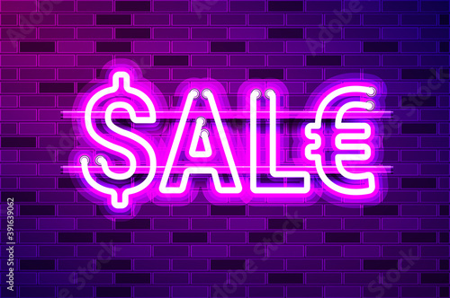 SALE text with dollar and euro signs glowing purple neon lamp sign